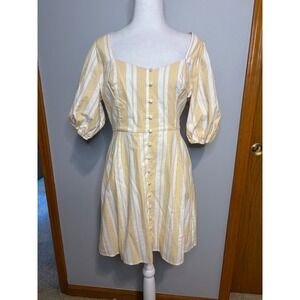 Lush Yellow White Striped Puff Sleeve Button Front Mini Dress Summer size L